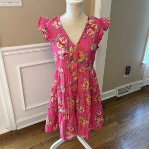 Blu Pepper Hot Pink Floral Summer Dress with Puff Sleeves & Ruffles